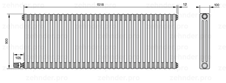 Схема (чертеж) Радиатор Zehnder Charleston 3090/33 №V003 Белый глянцевый RAL 9016